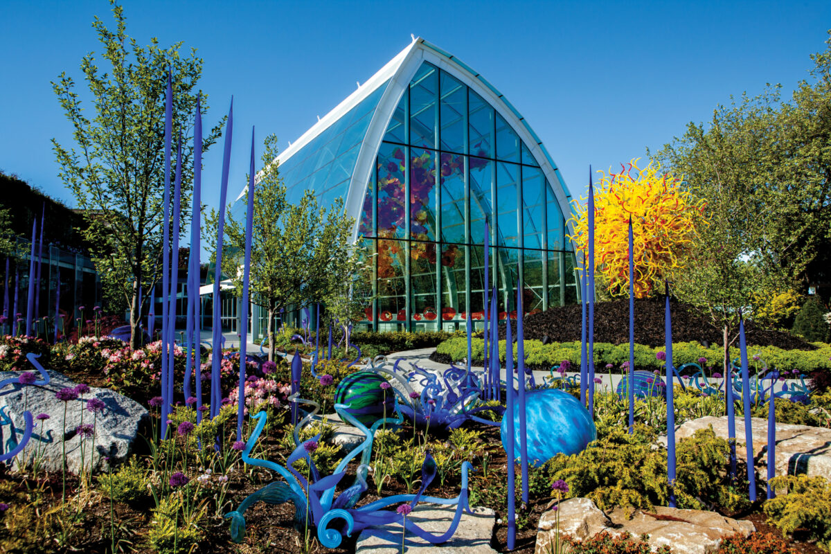 Chihuly Garden and Glass Glasshouse view from Garden.