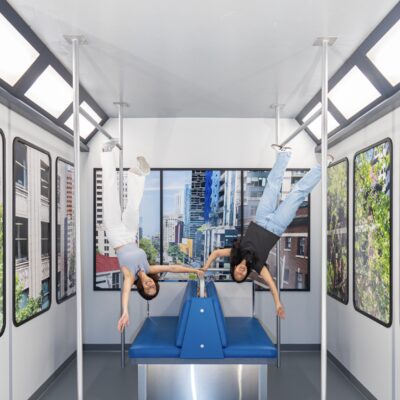 Two upside-down people in The Museum of Illusions in Seattle.