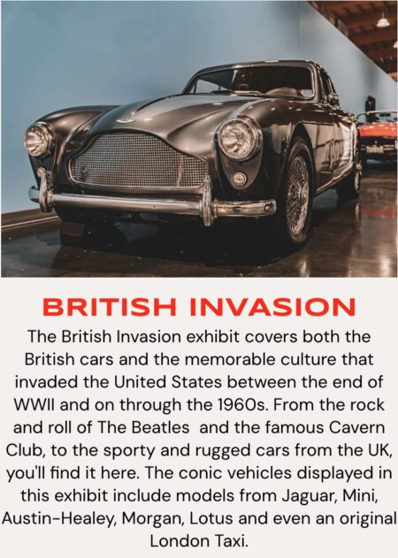 Graphic for British Evasion exhibit at America's Car Museum.