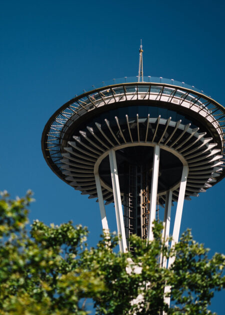 Space Needle on a sunny day with blue sky.