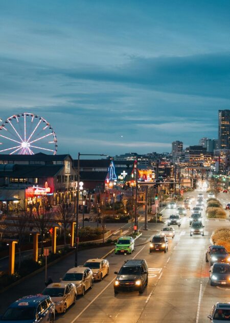 Seattle Alaskan Way waterfront in the evening.