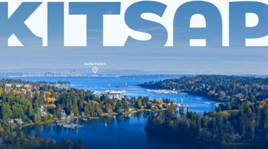 Kitsap County overhead with Seattle marker in the distance.