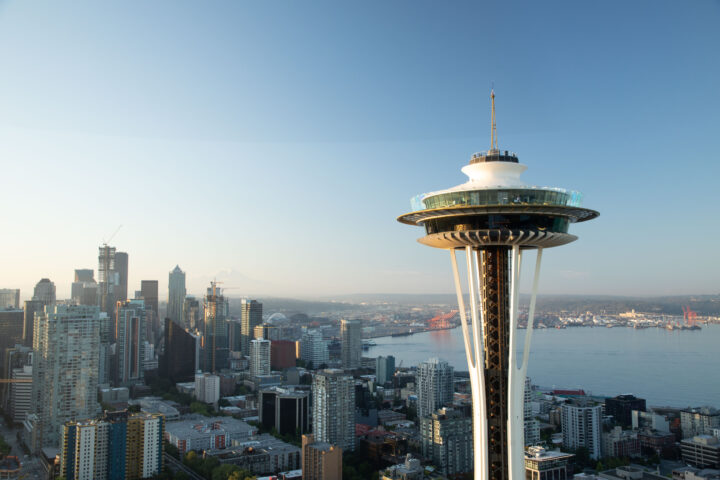 The Space Needle during the morning with a skyline view.